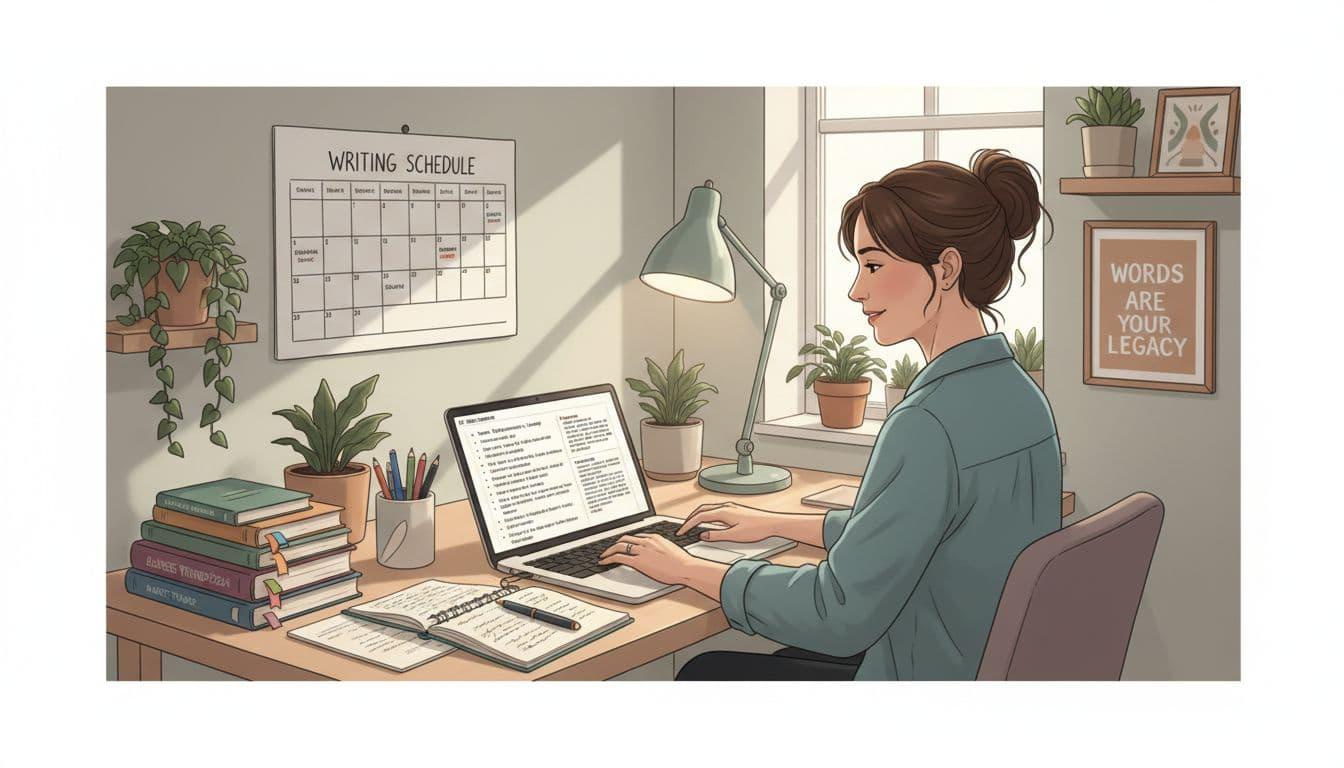 Professional book ghostwriter working at a tidy desk with a calendar and writing schedule on the wall