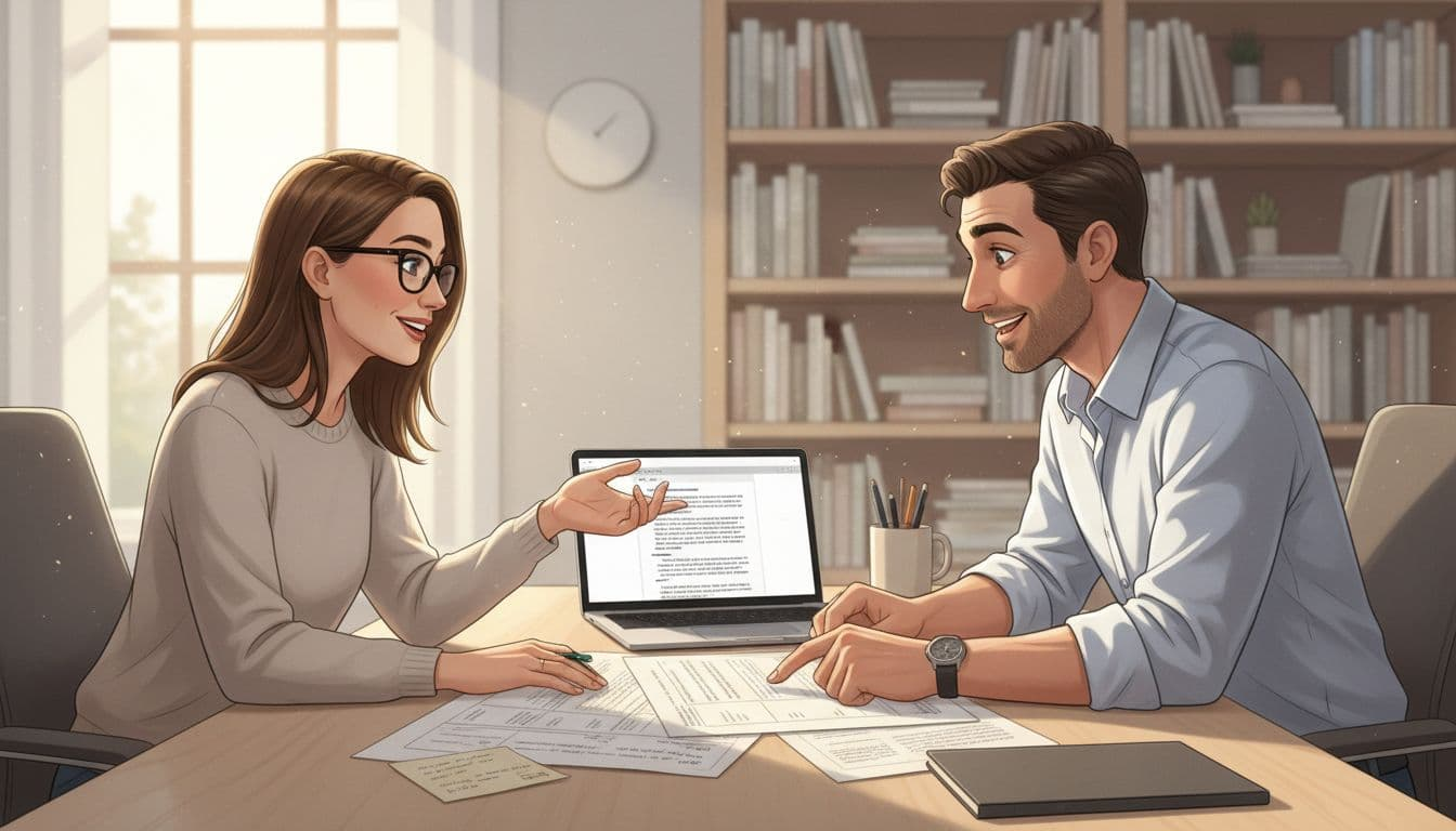 Professional ghostwriter collaborating with an author in a bright home office
